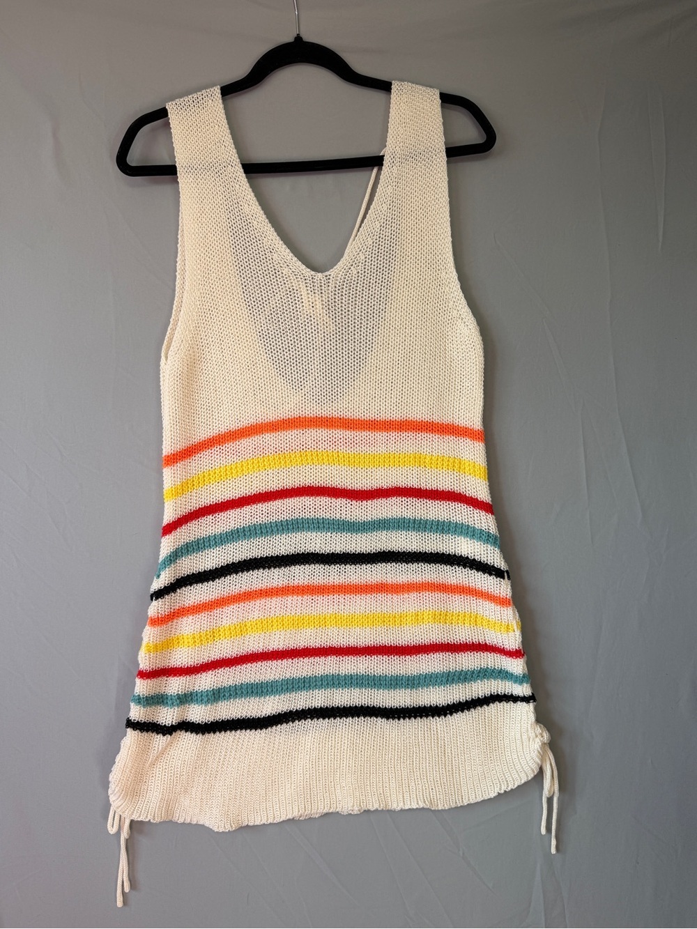Womens Boho Rainbow Striped Crochet Swim Cover Up Size L V-Neck Beach Tropical